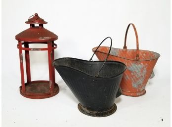 A Pair Of Vintage Metal Coal Scuttles And A Lantern