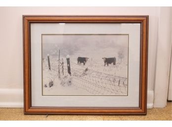 Framed Winter Cow Scene