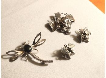 Two Pins And A Pair Of Earrings Marked 925