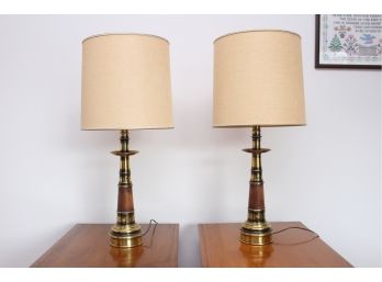 Two Vintage Brass Colored And Wood Column Lamps