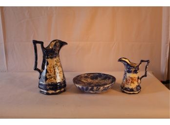 Handpainted Matching Pitchers And Bowl