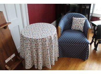 Sweet Blue And Yellow Fabric Upholstered Chair With Coordinating  Table/Tablecloth Pillow And Lampshade