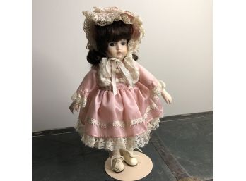 Porcelain Doll In Pink Dress With Stand