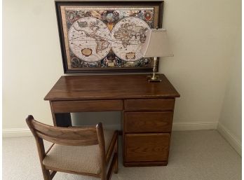 Wooden Desk, Chair, Lamp Picture Lot