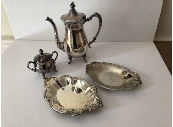 Silver Platter, Tea Pot, Sugar Bowl And Two Oval Platters