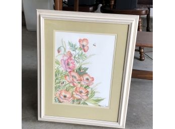 Framed Watercolor Print Of Poppies And A Bee