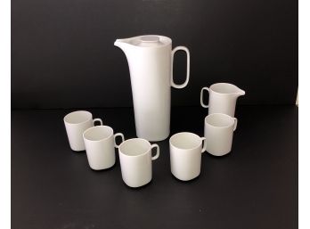 Porcelain White Pitcher And 5 Matching Cups With Creamer