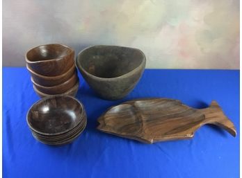 Dolphin Teak Fish Platter And Bowl Set