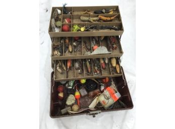 Brown And Tan Tackle Box With Vintage Lures