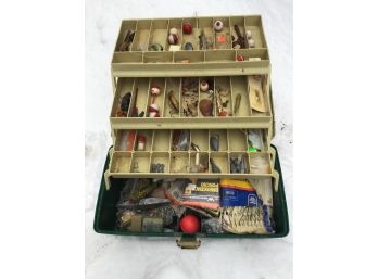 Green And Tan Tackle Box With Vintage Lures