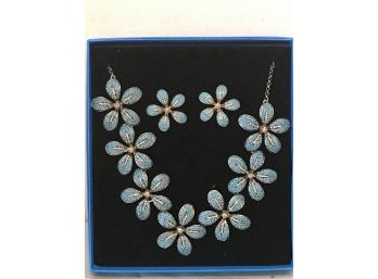 Blue Stone - Flower Necklace & Clip On Earrings