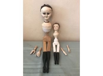Two Dolls - Wood Carved And Painted