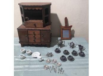 Miniature Hutch With Pewter Cups, Tea Set And More