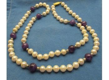 Faux Pearl And Amethyst Bead Necklace