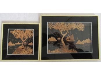 Miniature Framed Layered Wood Art Pair Portugal