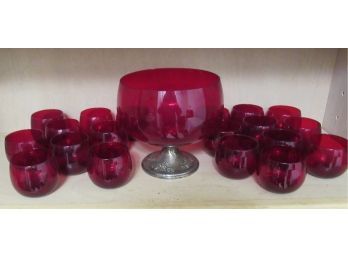 Red Glass And Sterling Punch Bowl With Glasses