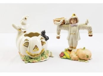 Lenox Occasions Porcelain Ghost With Pumpkin & Scarecrow Votive Candle Holders