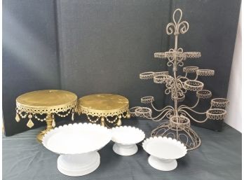 Grouping Of Party Catering Serving Pieces - Wire Cupcake Tree & Assorted Pedestal Cake/cookie Plates