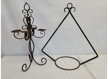 Vintage Wrought Iron Hanging Plant Holder & Scrolled Candlabra