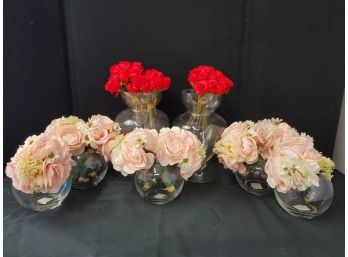 Assortment Of Clear Glass Vases & New Red & Pink Rose Bouquets