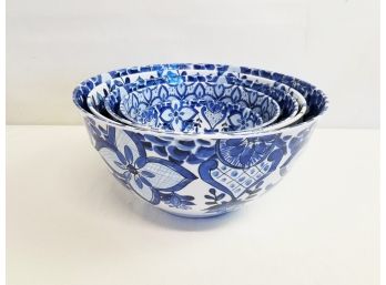 5 Blue & White Floral Melamine Mixing Nesting Bowls With Lids