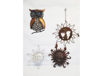 Grouping Of Outdoor Metal Wall Hangings- Owl & Assorted Suns