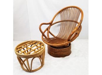 Fantastic Vintage Half Round Rattan Swivel Lounge Chair With Ottoman