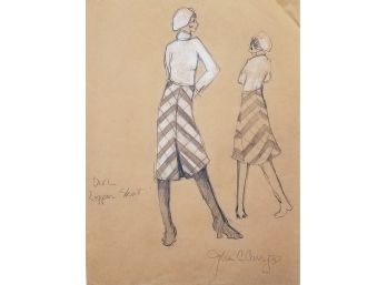 Unframed Vintage 'Dior Zipper Skirt' Fashion Advertising Pencil Drawing- Signed By Artist John Curry