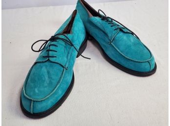 Pair Of Vintage Vittoria Ricci Italy Teal Suede Men's Oxfords With Leather Soles - Size 11.5