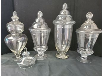 Pretty Assortment Of Tall Clear Glass Lidded Jars