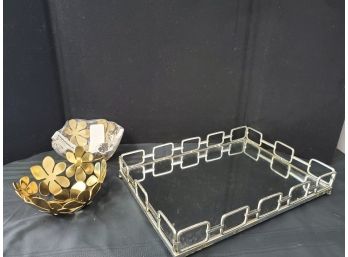 Two New IKEA Monica Mulder Brass Floral Bowls & Large Silver Tone Mirrored Tray