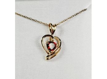 Gold Over Sterling Silver Heart Red Stone Necklace And Pendant