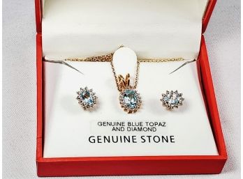 18K Over Sterling Silver Earrings And Necklace With Blue Topaz And Diamonds