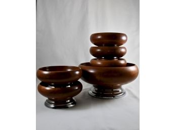 Mid Century Chrome Base Wooden Salad Bowl Set