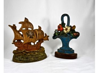 Vintage Cast Iron Pieces - Ship And Flower Bouquet