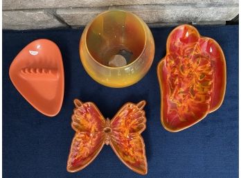 Vintage Orange MCM Ashtrays And Bowl