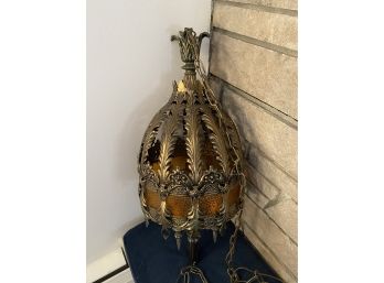 Ornate Vintage Swag Light Fixture With Amber Glass