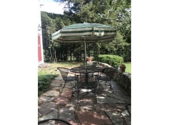 Outdoor Metal Table, Four Chairs & Umbrella