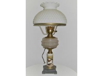 EAPG Victorian  Elctrified Lamp With Painted Winter Scene Pedestal & Hobnail Milk Glass Shade