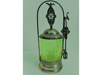 Antique Victorian Reed & Barton Vaseline Uranium Glass Pickle Castor