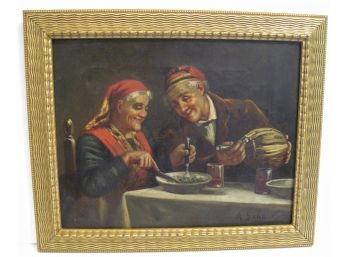 Nice Antique Genre Oil Painting Of A Couple Having Dinner Signed A Sander