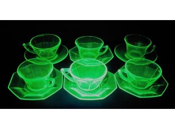 Group Of Depression Uranium Glass Cups & Sauces