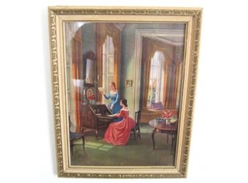 Conrad Leigh Antique Lithograph Victorian Ladies In Parlor