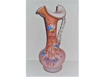 Gorgeous Victorian Pink Satin Glass Vase With Enamel Decoration & Applied Handle