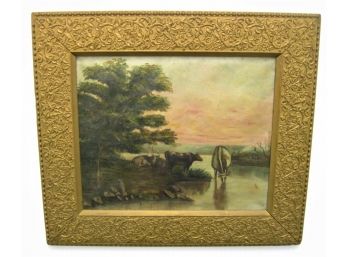 Antique 19thc  Folk Art Hudson River Pastoral Painting  With Cows In Great Frame