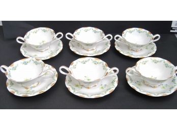 Beautiful Group Of 6 T&V Limoges Double Handle Cups & Sauces