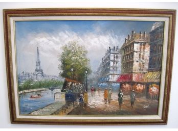 Large Signed Impressionist Paris Street Scene Oil Painting