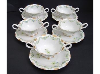 Beautiful Group Of 5 T&V Limoges Double Handle Cups & Sauces