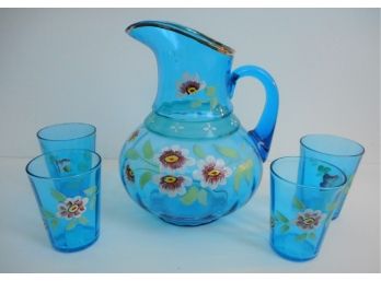 Beautiful Antique Victorian Hand Painted Blue Glass Pitcher & Tumbler Set