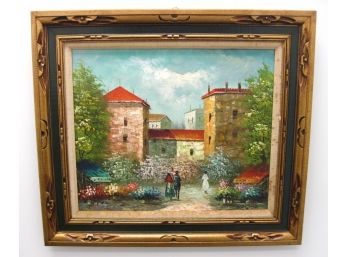 Signed H Morley Impressionist  Paris Courtyard Garden Scene Oil Painting In Carved Frame